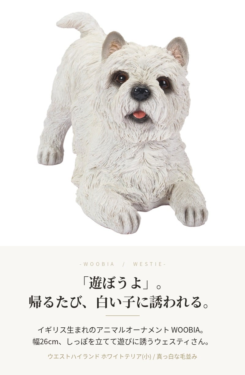 置物 woobia ウービア 犬 ウェスティ ウエストハイランドホワイトテリア 小 幅26cm 伏せ 白い犬 リアル 本物そっくり イギリス生まれ 職人手彩色 縁起物 戌年 玄関 インテリア 新築祝い 引っ越し祝い 開店祝い 出産祝い 誕生日 お祝い ギフト プレゼント 犬好き