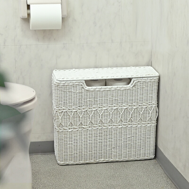 トイレットペーパー 収納 ストッカー ふた付き バスケット ラタン スリム コンパクト おしゃれ かわいい フェミニンデコ ガーリー 姫系 ロマンティック フレンチシャビー ホワイトラタン 白 家具 雑貨 新生活