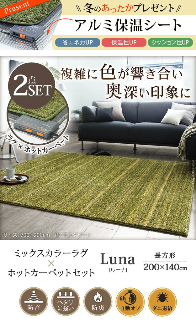 ホットカーペット カバー 電気カーペット対応 ミックスカラーホットカーペット・カバー-ルーナ 1.5畳(200x140cm) ホットカーペット本体セット ラグ ラグマット モダン シンプル 北欧 無地 ミックスシャギー 防ダニ 滑り止め おしゃれ 防炎