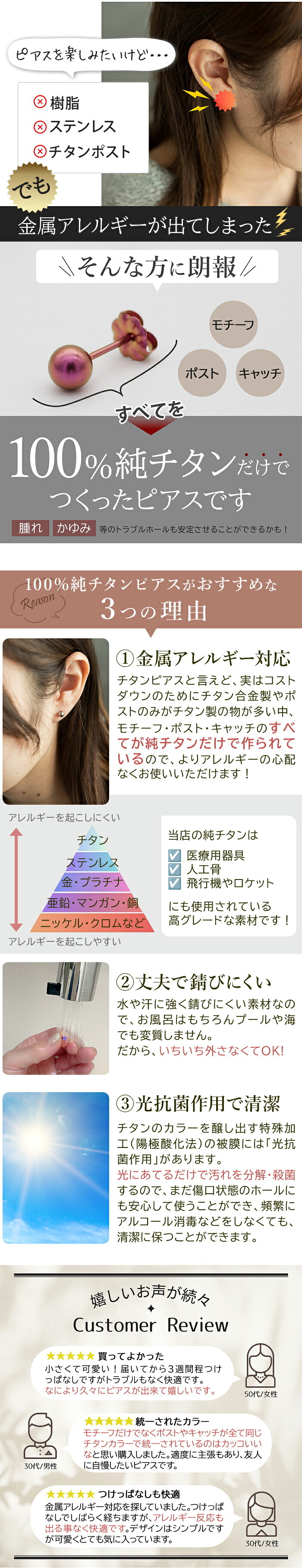 【安心の日本製】セカンドピアス つけっぱなし チタン 丸玉 5mm 金属アレルギー 軸太 0.75mm 長さ10mm 20G 全8色 片耳 1個 医療用 おすすめ かわいい シンプル おしゃれ カラフル