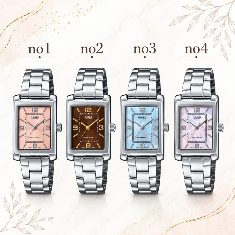 カシオ 腕時計 レディース ピンク ブラウン ブルーシェル ピンクシェル スクエア シルバー ステンレス CASIO 海外モデル プレゼント ギフト 収納ケース付き 成人 卒業 入学