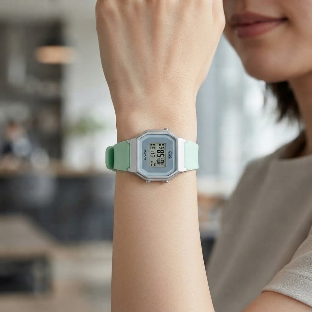 箱なし 希少デザイン カシオ 腕時計 レディース ミントグリーン シルバー CASIO 海外モデル デジタル チプカシ レトロ パステル レザーベルト 軽量 アラーム ストップウォッチ プレゼント ギフト 成人 卒業 入学