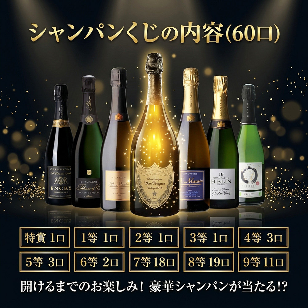シャンパンくじ ミステリーBOX ドン・ペリニヨン ホワイト 特賞 全60口限定 フランス産シャンパーニュ 750ml 1本 ランダム お楽しみ くじ 福袋 シャンパン ギフト プレゼント 誕生日 お祝い 母の日 父の日 クリスマス 贈り物 お祝いにも最適です ドンペリ