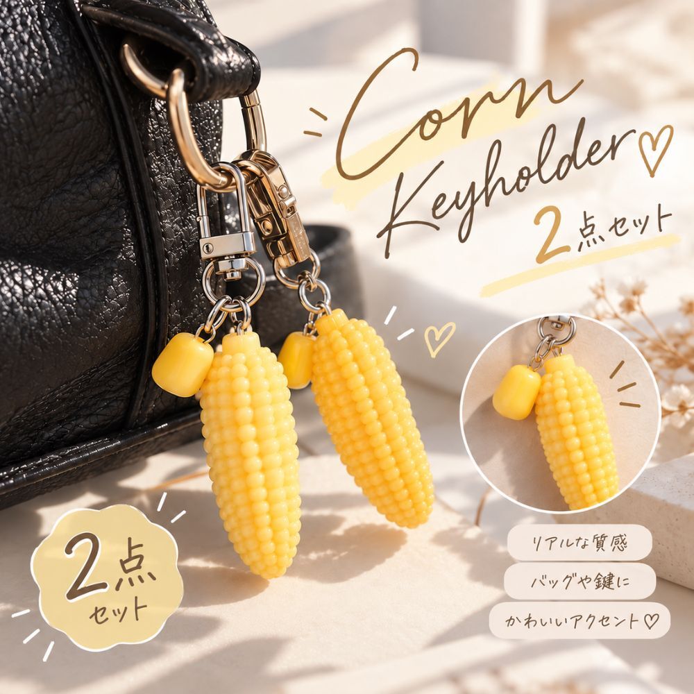 とうもろこし キーホルダー 2点セット コーン モチーフ 食品サンプル風 バッグチャーム キーチャーム ミニチュア かわいい おしゃれ プレゼント
