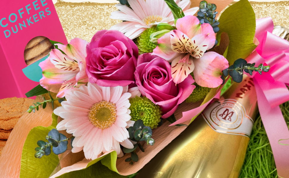 誕生日 女性 お花とシャンパン スイーツギフト～シャンパンギフトセット～【フラワーアレンジメント＋シャンパン＋スイーツ】フランス「マキシム・ド・パリ」泡 辛口 750ml  生花 バラ ガーベラ ピンク イギリス ビスケット 塩 バター クッキー 記念日 誕生日妻 彼女 送料無料
