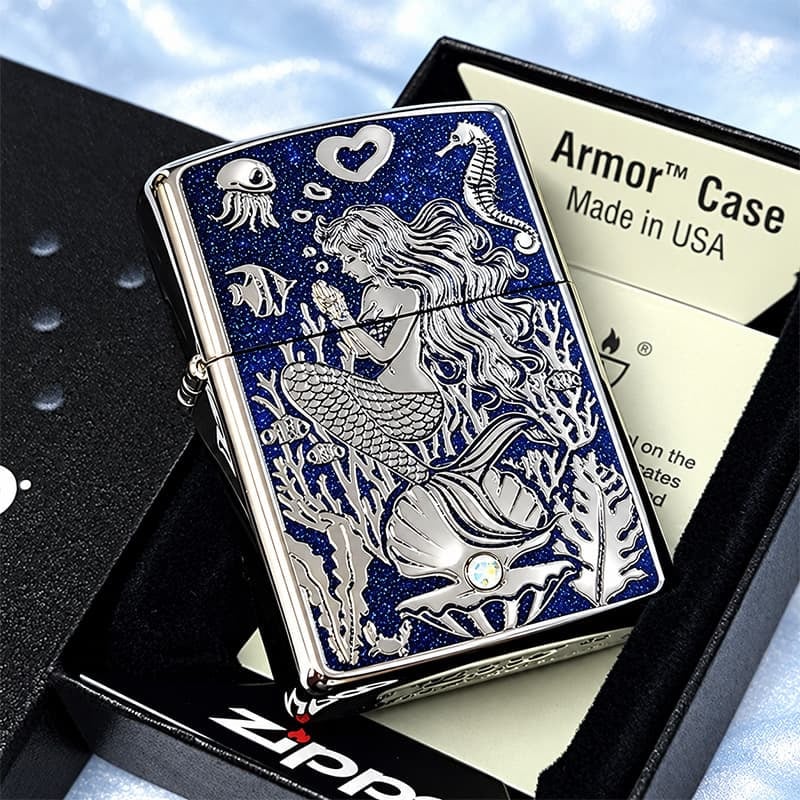 ZIPPO ライター アーマー ジッポ マーメイド ラグーン シルバー×グリッターブルー 鏡面 Mermaid Lagoon スワロフスキー かっこいい おしゃれ メンズ ギフト 動画有り プレゼント