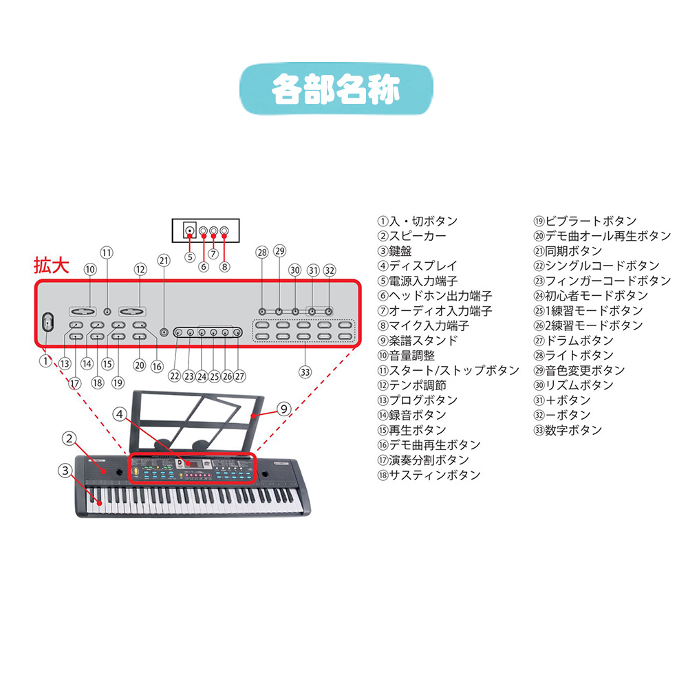 光る鍵盤 電子ピアノキーボード ガイド機能付き ピアノ 61鍵盤 音色200種類 60曲収録 楽譜スタンド マイク付き