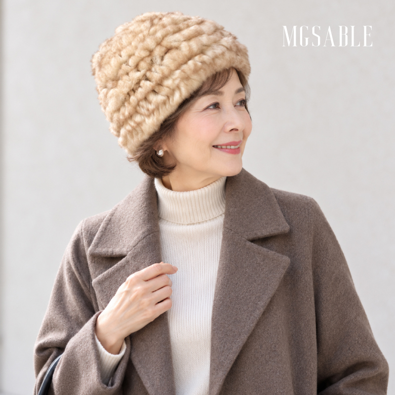 レッキスファー ニット帽 レディース 帽子 毛皮 本物 ラビットファー うさぎ 軽量 秋冬 ウール混 高級ファー 伸びる フリーサイズ 防寒 ベージュ プレセント ギフト 送料無料