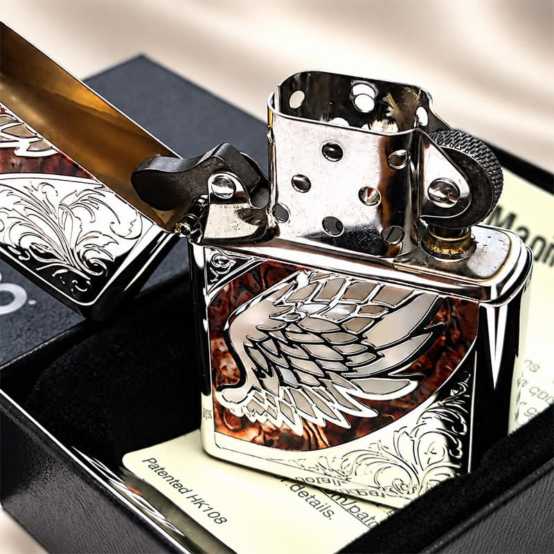 ZIPPO ウイング 天使の羽 ジッポ ライター マーブル ブラウン おしゃれ 翼 シルバー アラベスク 彫刻 茶 御守り メンズ レディース かっこいい ギフト プレゼント