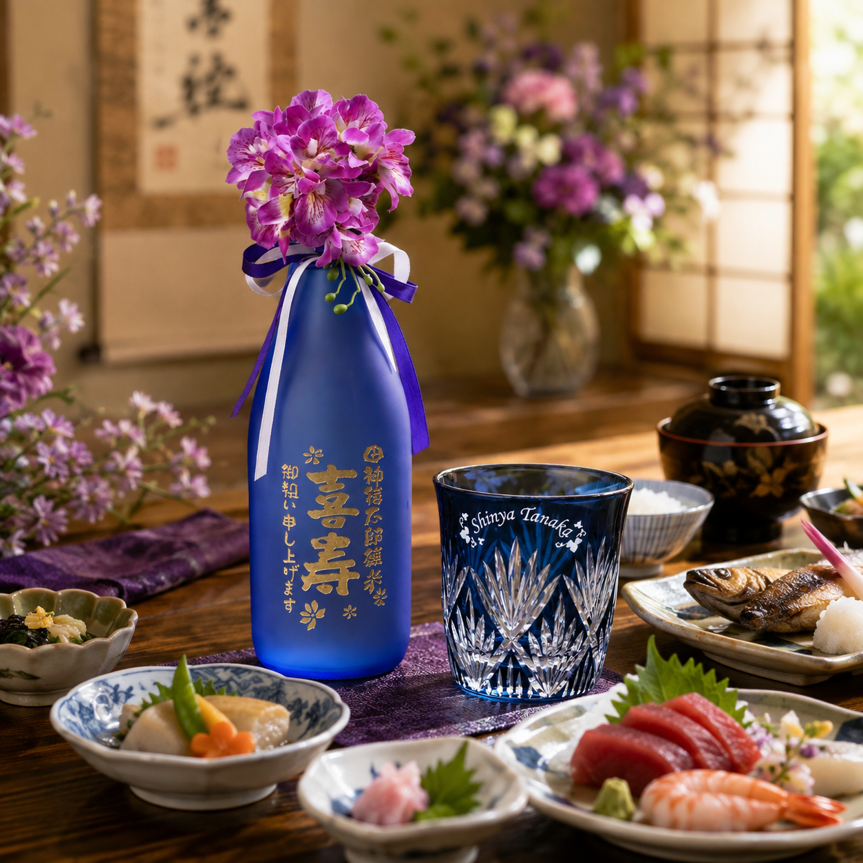 敬老の日 名入れ ギフト SXX 酒セット 芋焼酎 大海酒造 海 720ml & 切子 笹の葉紋様 ロックグラス リボン・コサージュ付 木箱入り / プレゼント ギフト 退職 記念 誕生日 還暦 古希 喜寿 傘寿 米寿 緑寿 早寿 長寿 祝い 赤 紺 紫 選べるカラー