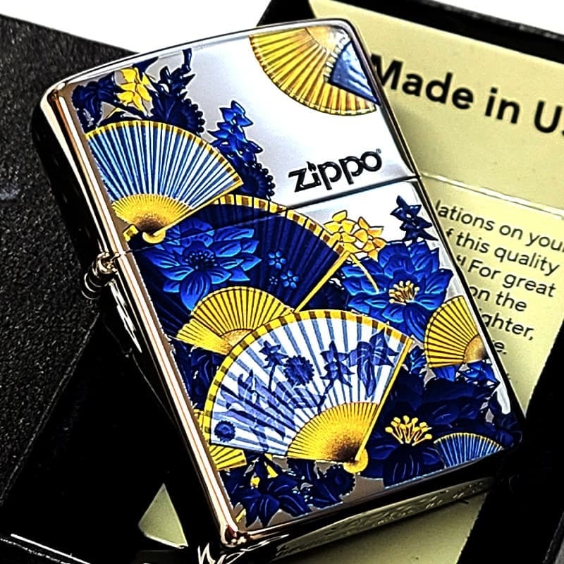 ZIPPO ライター 和柄 扇子 ジッポ シルバー ブルー 和風 センス 青 日本 美しい おしゃれ 華やか レディース メンズ ギフト プレゼント