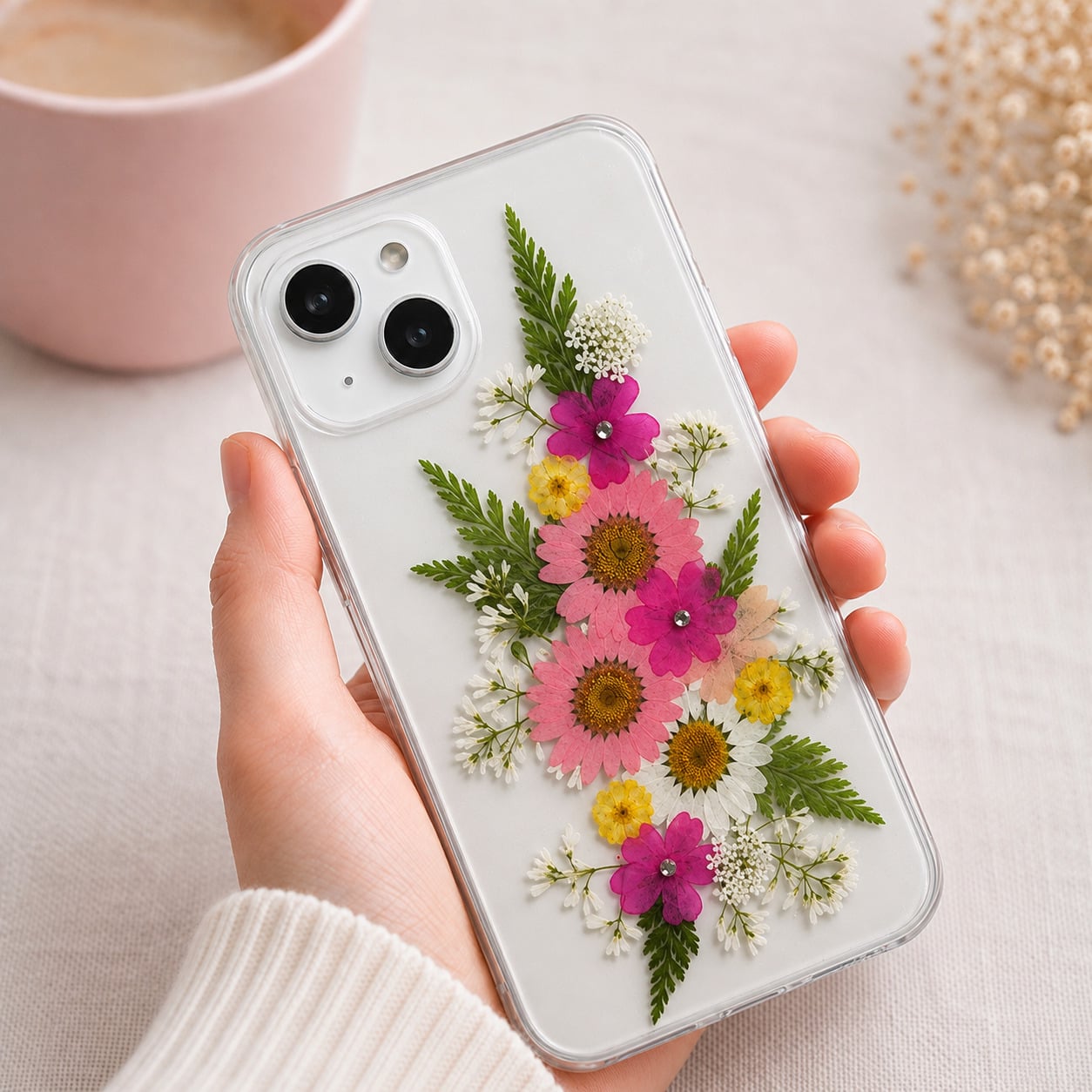 【ほぼ全機種対応スマホケース❁】押し花スマホケース NO.518（ピンク）（着日指定不可） 押し花＆レジン iPhone/Xperia/AQUOS/Galaxy他