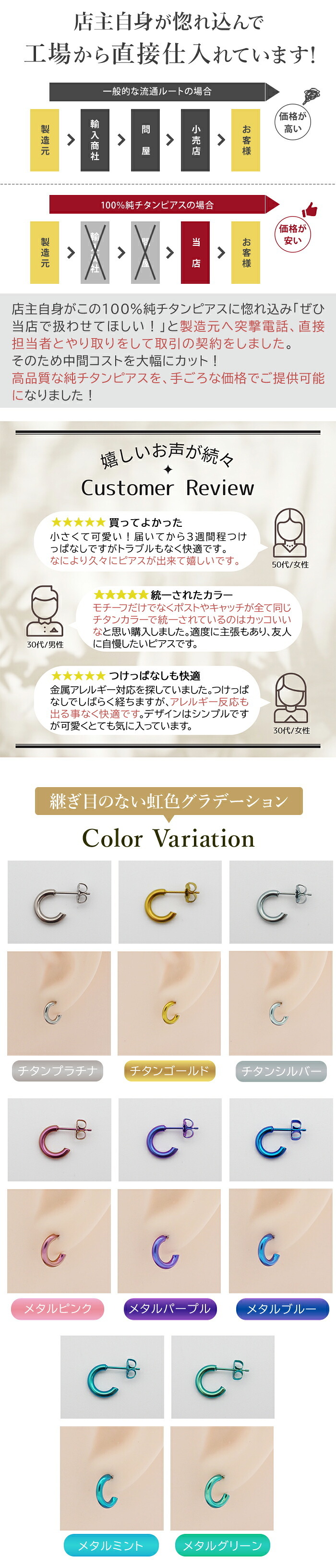 ピアス チタン フープ ハーフ 小さめ 純チタン 幅2mm×直径10mm 全8色 アレルギー対応 医療用 日本製 おすすめ メンズ レディース 片耳 1個 かわいい カラフル