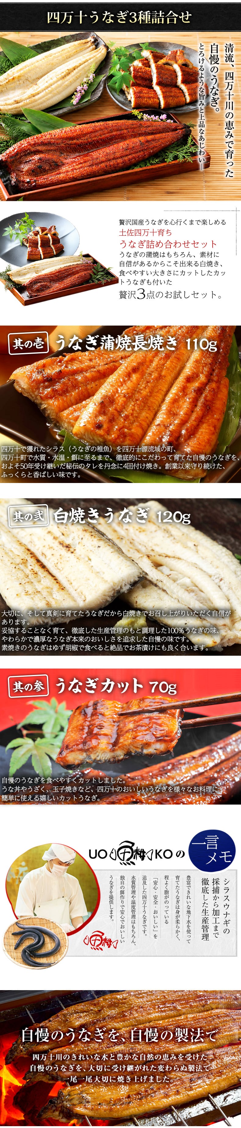 ウナギ 国産 ギフト 四万十うなぎ 詰合せ 3種類セット 日本最後の清流、四万十川の恵みで育った自慢のウナギ 【うなぎ/鰻/詰め合わせ/国内産/土用の丑/蒲焼き/素焼き/白焼き/贈答/プレゼント】