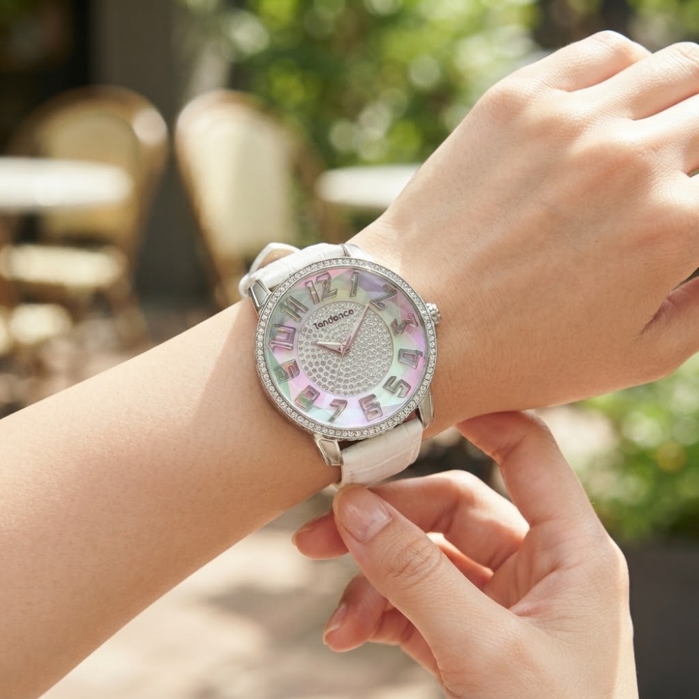テンデンス 腕時計 レディース トゥインクル ホワイト 41mm キラキラ クリスタル レザー 白 TENDENCE Twinkle クオーツ 5気圧防水 プレゼント ギフト 成人 卒業 入学