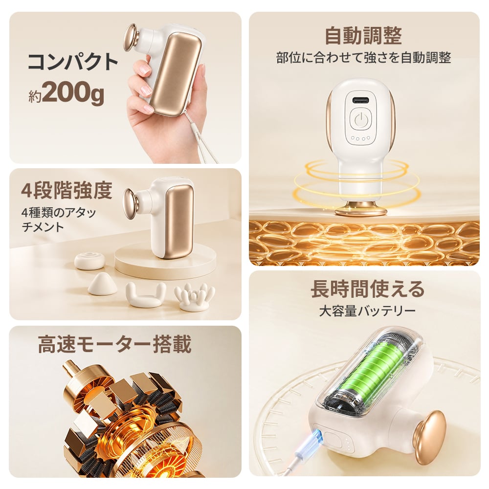【超軽量200g】筋膜リリースガン M5 4段階強力振動 4000mAh 大容量バッテリー 筋膜ガン マッサージガン USB Type-C充電 コンパクト 軽量 全身ケア