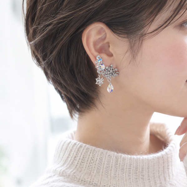 【片耳販売】クリスタル雪の結晶イヤークリップ（クリップ式イヤリング）【日本製】