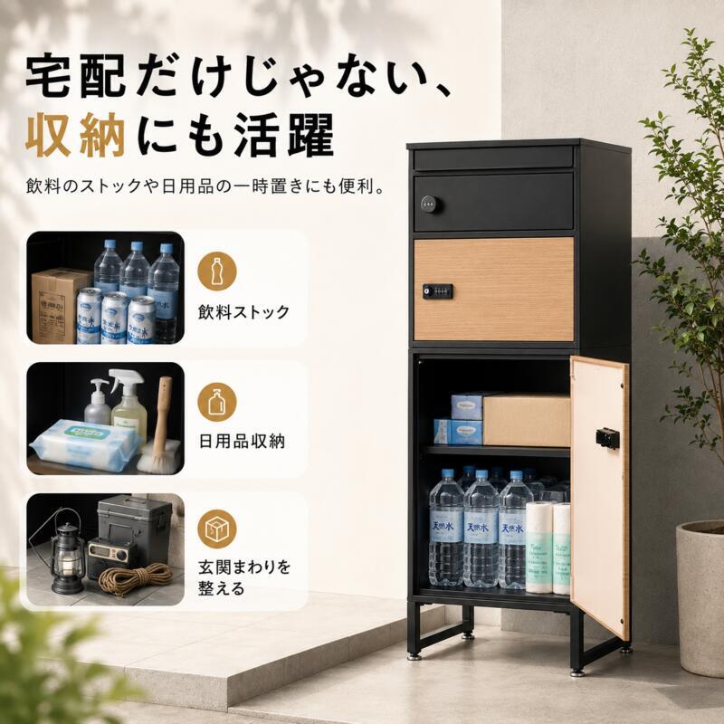 宅配ボックス ポスト一体型 2段 複数受取 3ボックス スリム 幅45cm 大容量 一戸建て用 置き型 宅配ポスト 郵便受け ダイヤル錠 鍵付き 印鑑ケース メッセージプレート 通気口 アジャスター ブラック 木目 おしゃれ