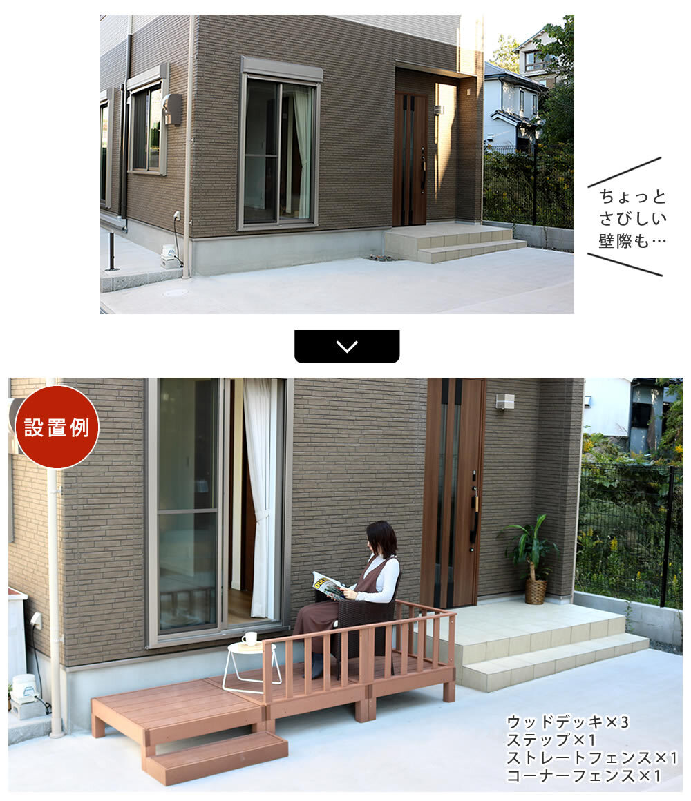 フェンス 人工木ウッドデッキ ecofeel エコフィール 3台 ステップ・フェンスセット PWDE-3P-SFSET 樹脂製 縁台 縁側 DIY キット テラス ウッドパネル 腐らない 屋外 新築 外構 ベランダ 本格的 おしゃれ 簡単組立 ガーデン