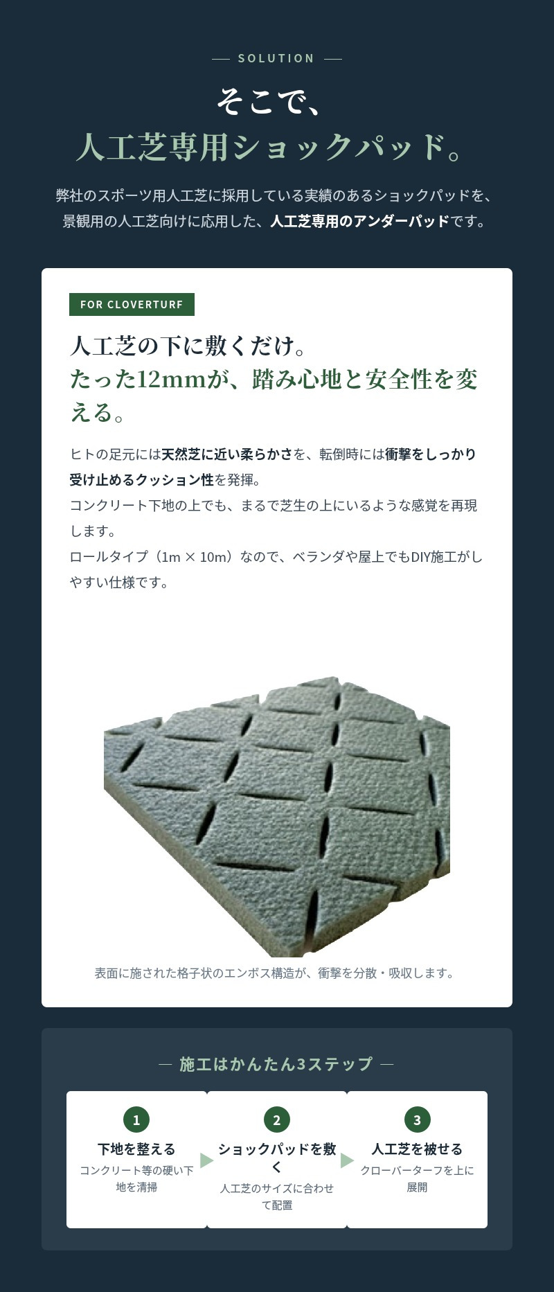 ショックパッド 人工芝専用 厚み12mm 1m×10m クローバーターフ 衝撃吸収 下地 アンダーパッド クッション材 防炎適合 ポリエチレン ロール 転倒対策 安心 子供 ペット コンクリート 庭 ベランダ テラス バルコニー 屋上緑化 ガーデニング 防音 芝生マット 人工芝生 DIY