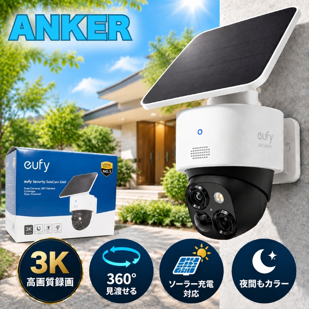 新築祝い Anker 屋外防犯カメラ Eufy SoloCam S340 T8170521 3K 360° ソーラー Wi-Fi対応 双方向通話 ギフト 防犯