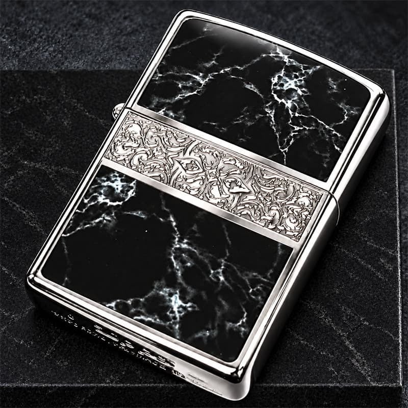 ZIPPO かっこいい アラベスク＆黒大理石 ジッポライター Arabesque Marble 両面加工 彫刻 シルバー ブラック ギフト おしゃれ 黒銀 メンズ プレゼント 送料無料