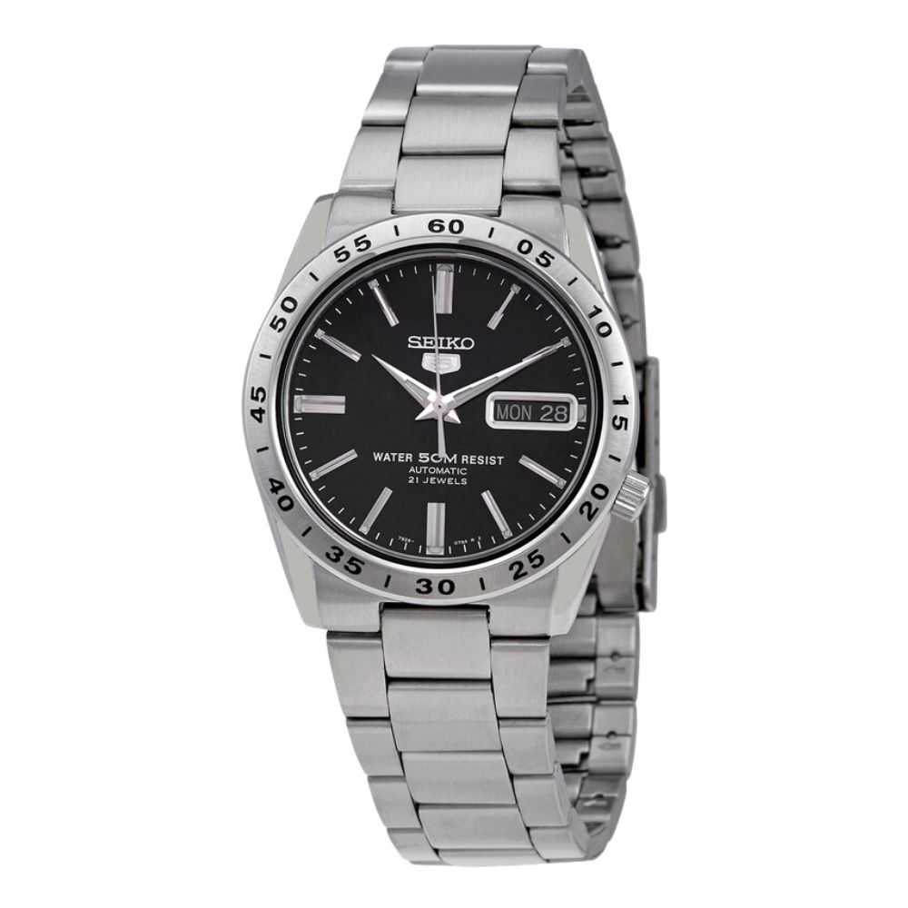 セイコー5 腕時計 メンズ 自動巻き ブラック シルバー SEIKO 5 海外モデル 逆輸入 メタルベルト 曜日 日付 裏蓋スケルトン 機械式時計 誕生日 プレゼント ギフト 収納ケース付き 成人 卒業 入学
