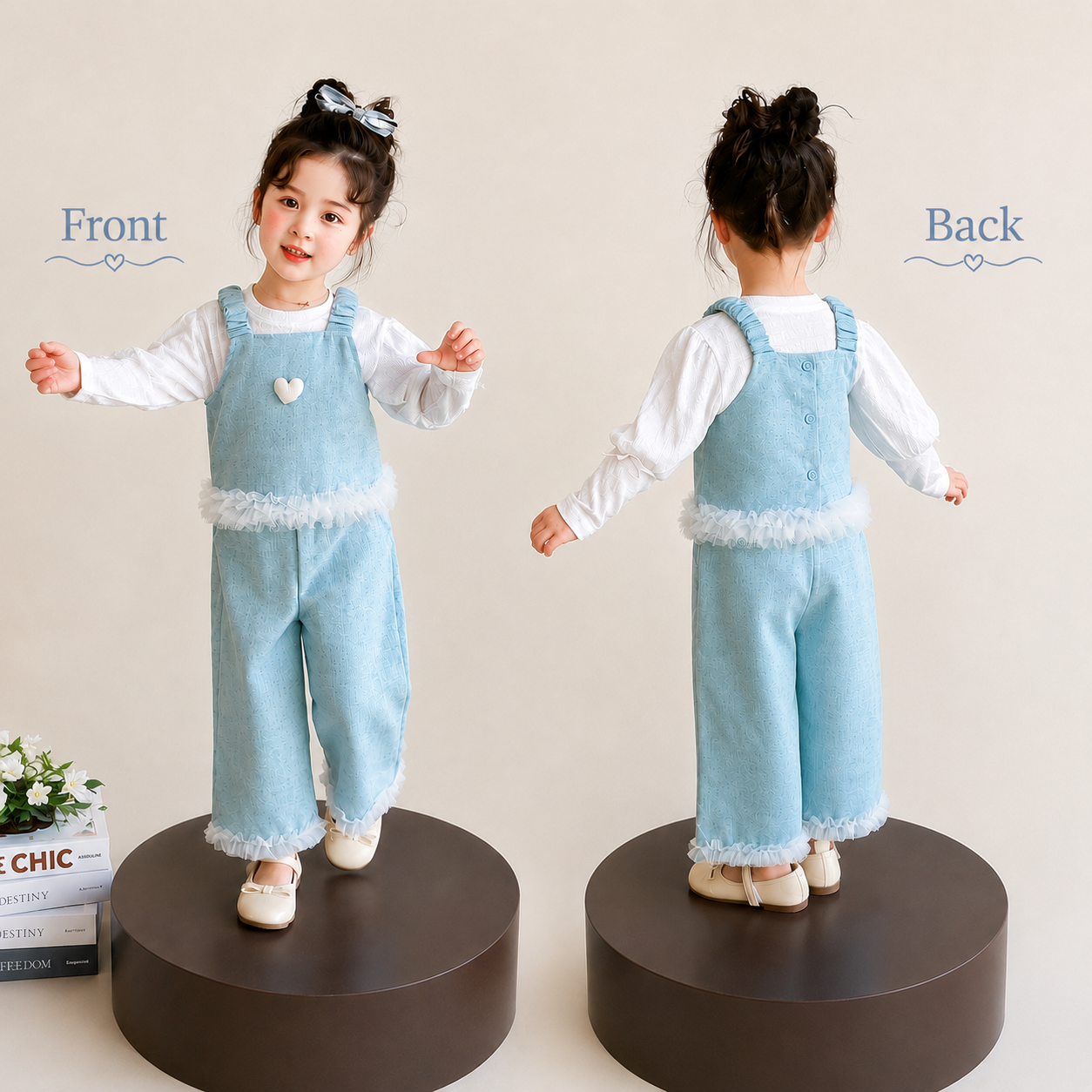 キッズ セットアップ 3点セット 女の子 子供服 長袖Tシャツ キャミソールトップス ワイドパンツ フリル ハート 春 秋 冬 おしゃれ 可愛い 姉妹コーデ お揃い 90 100 110 120 130 140cm