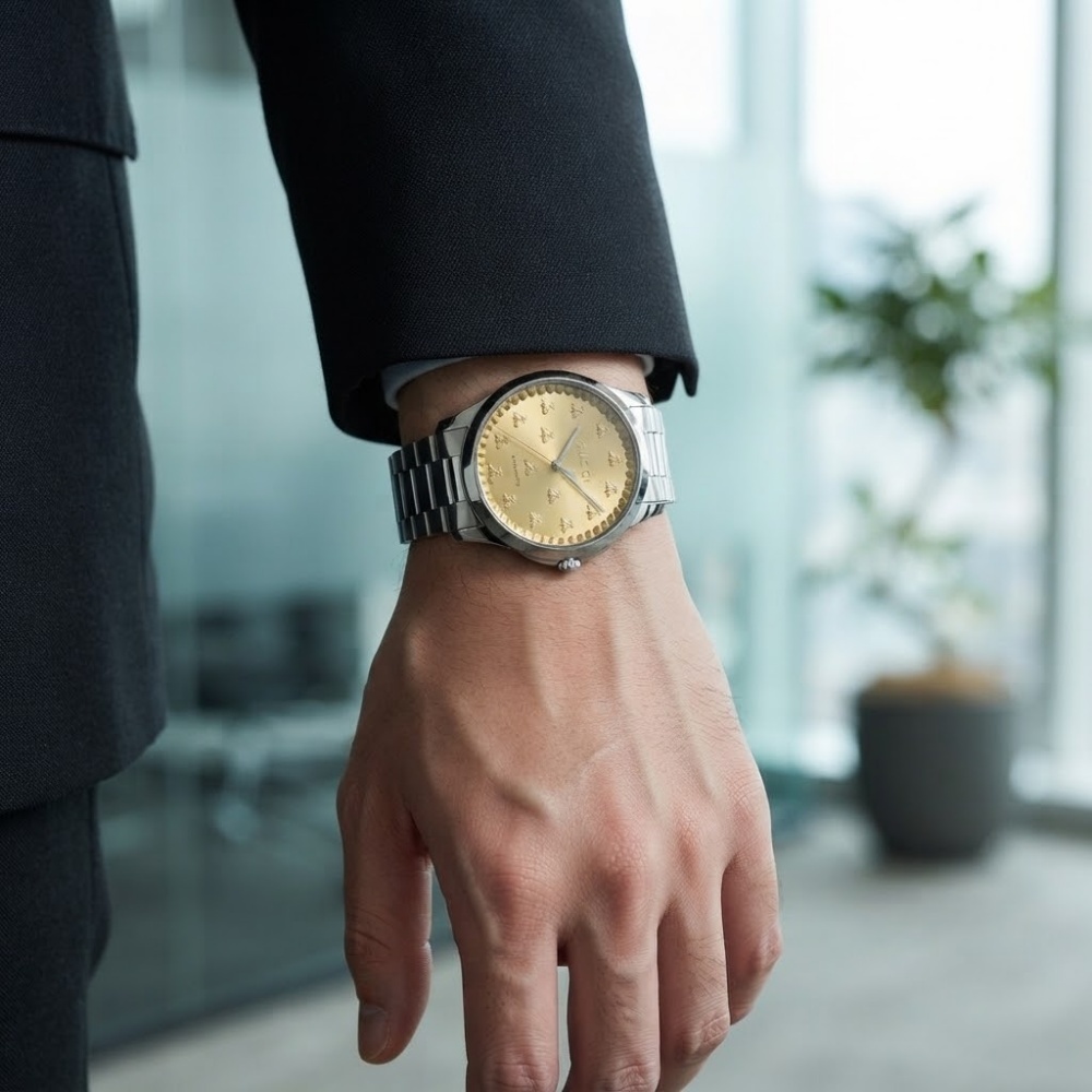 グッチ 腕時計 メンズ Gタイムレス 1本限り 自動巻き 42mm イエローゴールド シルバー 蜂 ビー GUCCI G-Timeless スイス製 サファイアガラス プレゼント ギフト 成人 卒業 入学