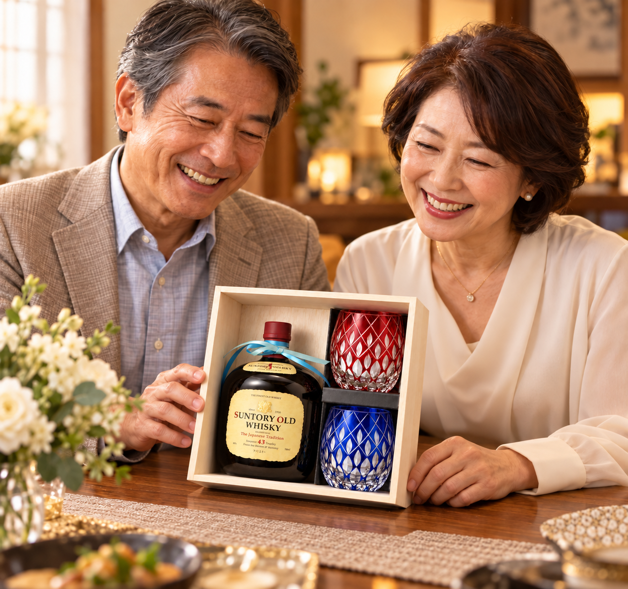 退職 異動 名入れ ペアギフト SXX 酒セット サントリーウイスキーオールド 700ml & 切子 丸型ロックグラス 玉響 青 赤 2点 リボン付 木箱入り / プレゼント ギフト 両親 夫婦 結婚 金婚式 銀婚式 退職 記念 誕生日 長寿 祝い 数量限定