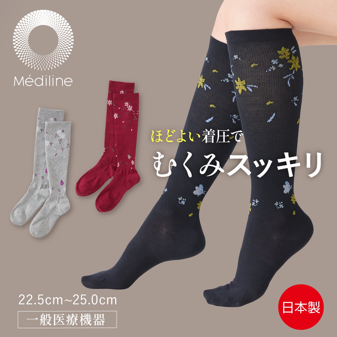 日本製 一般医療機器 メディライン すらっと着圧ソックス 段階着圧 むくみ 予防 解消 血行促進 綿混 抗菌防臭 ロンフレッシュ 花柄 レディース 靴下 ゆったり 履き口 足裏アーチサポート おしゃれ