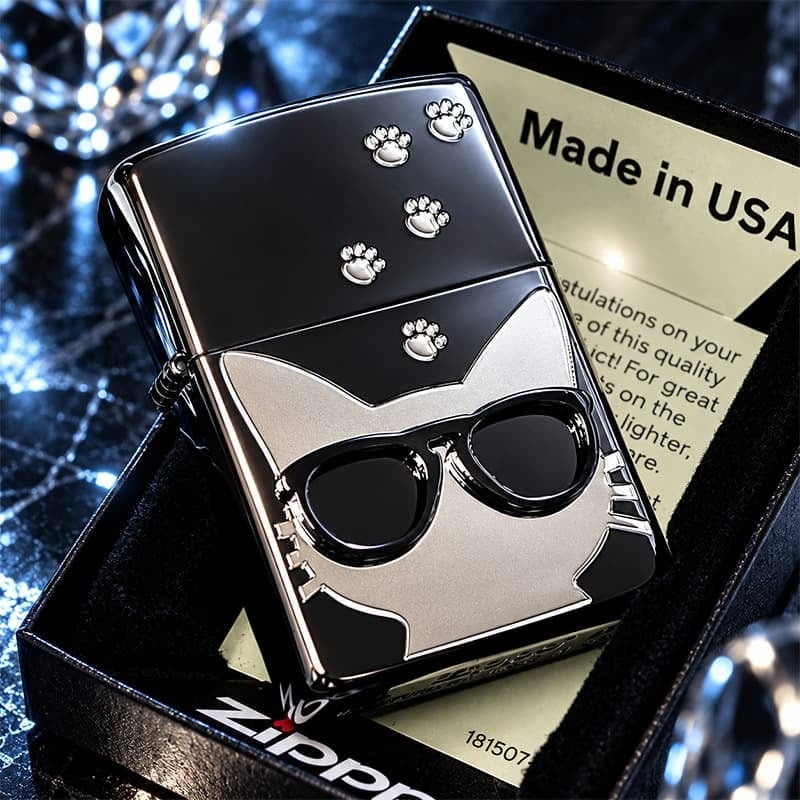 ZIPPO ねこ ライター サングラス 足跡 ジッポ 猫 かわいい ユニーク ブラックニッケル 銀差し キャット メタル貼り ネコ 女性 シルバー 黒 レディース ギフト メンズ プレゼント