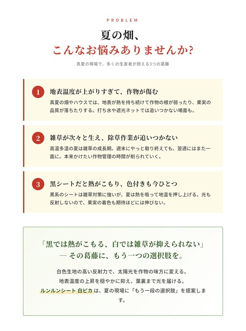 ルンルンシート 白ピカ 防草シート 白色 100m 反射シート 雑草対策 太陽光反射 光合成促進 地表温度抑制 透水性 幅50/75/100/150/200/300/400cm 7サイズ展開 農業マルチング ビニールハウス 家庭菜園 畑 法面 太陽光発電 ポリプロピレン 耐用3-5年 業務用 特許取得