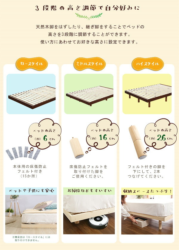 ベッド 寝具 簡易宮セット パイン材高さ3段階調整脚付きすのこ シングル Lilitta-リリッタ-