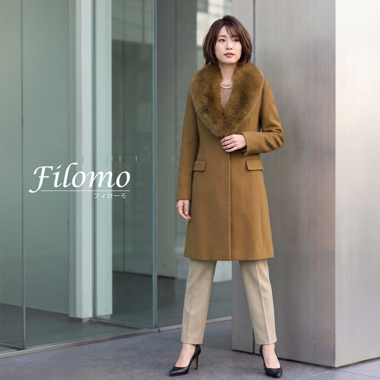 Filomo [フィローモ] カシミヤ ブレンド ウール コート フォックス ファー トリミング テーラーカラー 比翼仕立て ベルト 付き レディース モカ/キャメル/ブラック ギフト プレゼント 卒業式 入学式 母 7F (02000250r)