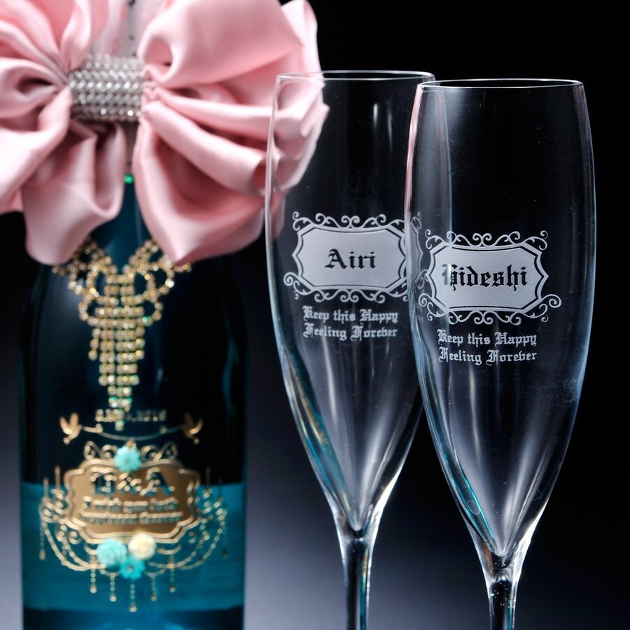 卒業 退職 名入れ ペアギフト SXX 酒セット スパークリングワイン シャンパン ブルー・オブ・マリア 750ml & おまかせシャンパングラス 2点 デコ仕上げ ボトルネックレス・リボンコサージュ付 布張りBOX入り / プレゼント ギフト 両親 夫婦 結婚 金婚式 銀婚式 退職 記念 誕生日 長寿 祝い