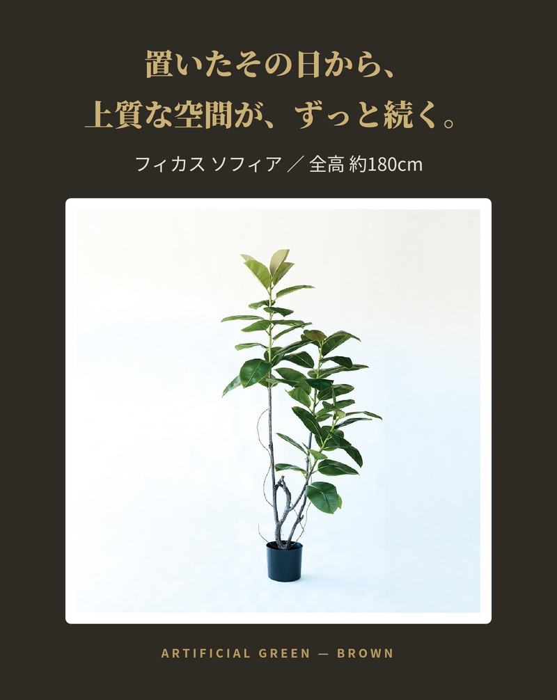 観葉植物 造花 フィカス ソフィア BROWN 全高約180cm 大型 フェイクグリーン 高級 本物そっくり リアル おしゃれ ナチュラル インテリア 人工観葉植物 アーティフィシャルグリーン オフィス 店舗 ホテル 開店祝い 室内 リビング 玄関 風水 ゴムの木
