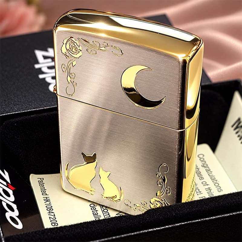 ZIPPO ライター ネコ シルバー ジッポ 猫 可愛い ゴールド 月 薔薇 銀金 女性 ねこ かわいい バラ ギフト プレゼント おしゃれ レディース