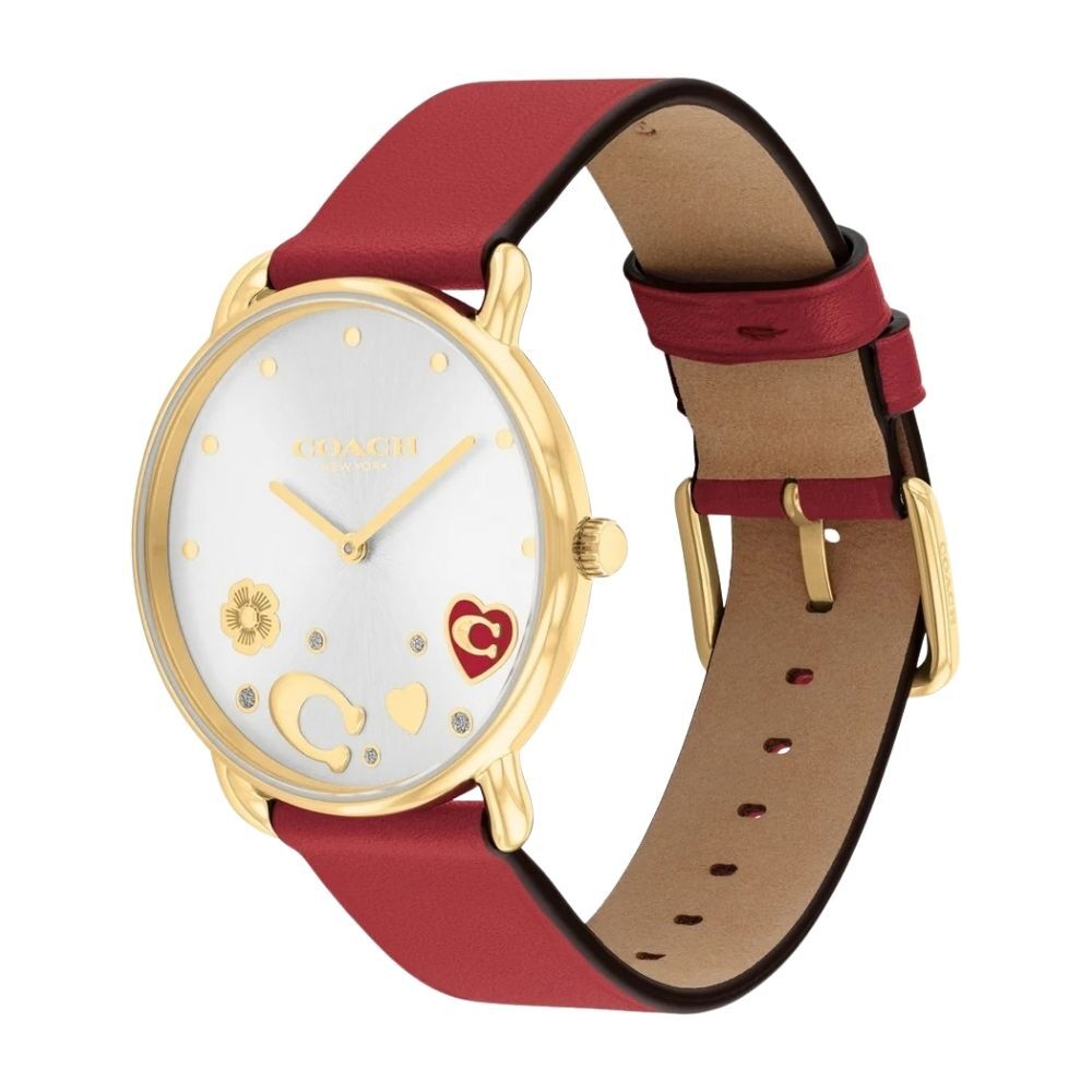 コーチ 腕時計 レディース 正規品 5年保証 エリオット 36mm レッド 赤 レザーベルト ハート チャーム クリスタル おしゃれ かわいい 女性 彼女 妻 娘 誕生日 記念日 クリスマス プレゼント ギフト 純正ショッパー付き COACH ELLIOT 成人 卒業 入学