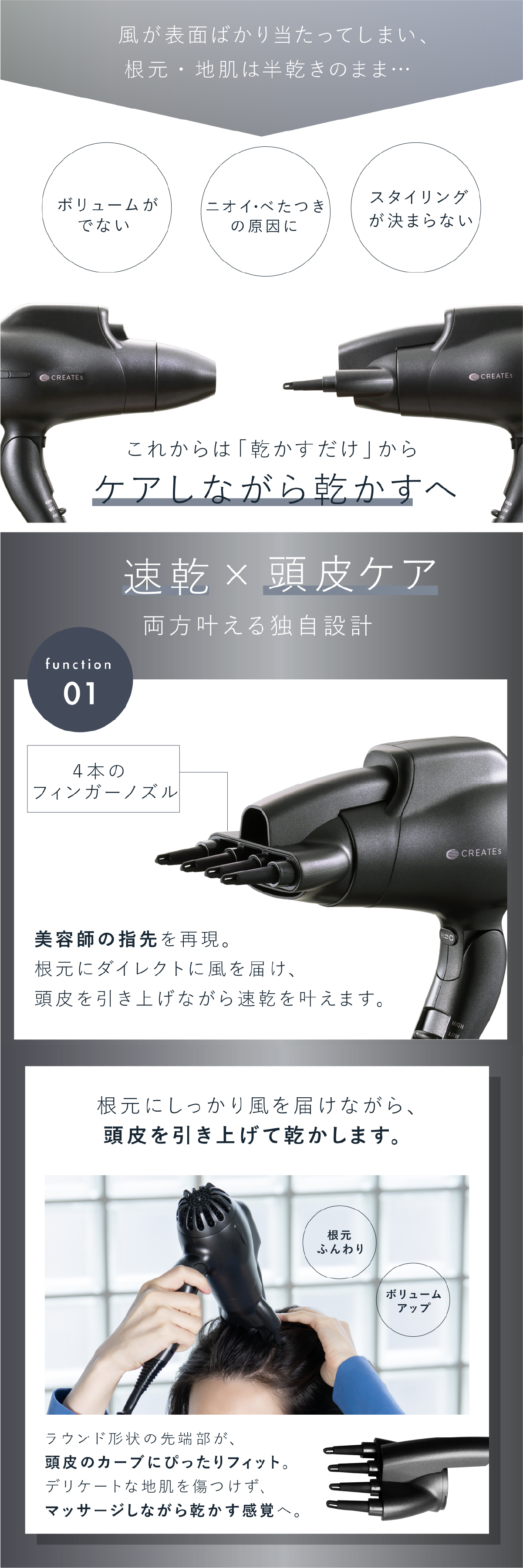 ヘアドライヤー クレイツ スパドライヤー ボリューミン CREATE ION フィンガーノズル 根元立ち上げ 根元ふんわり ボリュームアップ ペタン髪 猫っ毛 クレイツイオン マイナスイオン 1200W 軽量 ヘアケア スタイリング 美容家電 女性 母 妻 誕生日 母の日 プレゼント ギフト