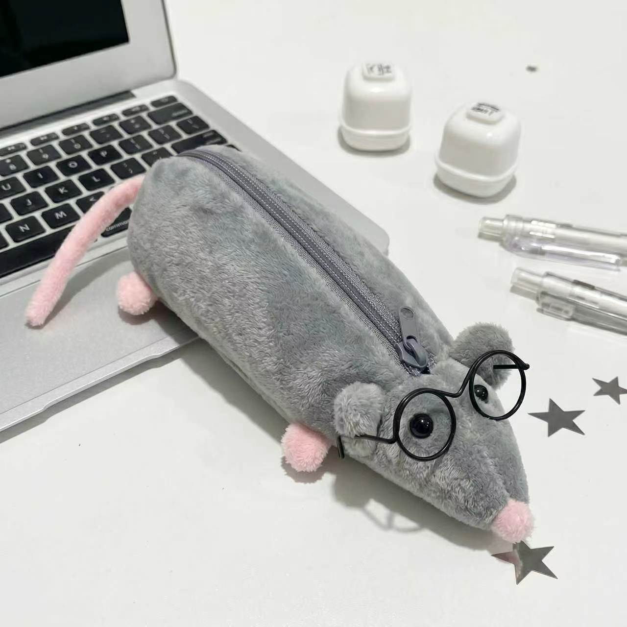 ネズミ ペンケース ぬいぐるみ ふわふわ アニマル 筆箱 メガネ付き かわいい 文房具 小物入れ ペンポーチ 学生 男の子 女の子 持ち運び プレゼント ギフト