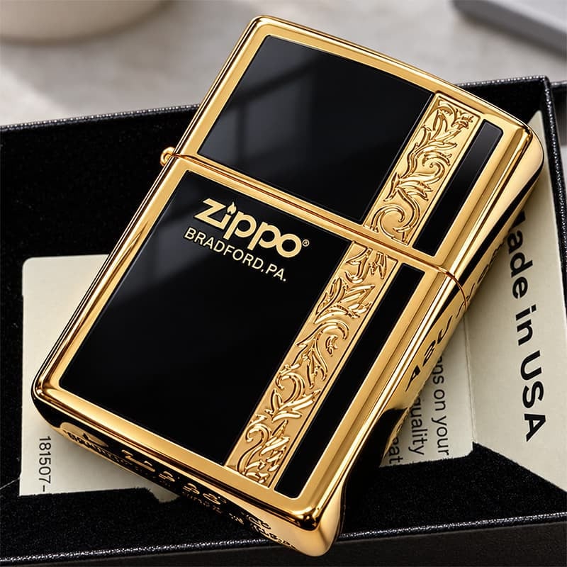 ZIPPO ライター シンプル アラベスク ライン入り ロゴ 金 両面加工 ジッポ ゴールド ブラック かっこいい メンズ プレゼント ギフト