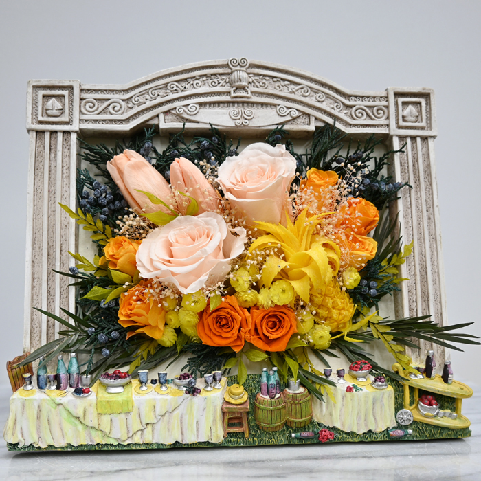 【最後の1点】a la table【ア・ラ・ターブル】自然素材プリザ　お花にこだわった作品　食卓オーナメント付きレジンフレーム　アートアレンジ プリザ　 癒やし　新居　転居　ギフト　お祝い　オフィス　画廊