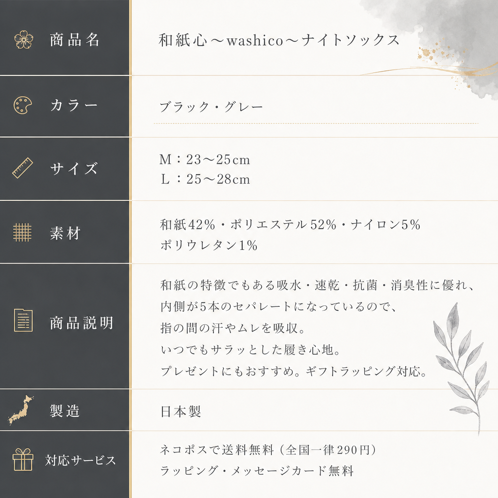 【ギフトラッピング無料】ムレない和紙糸からできた靴下「和紙心～washico～ ナイトソックス」 吸水・速乾性、抗菌・消臭性が良く、内側が5本のセパレートになっているから指の間の汗やムレも吸収。いつでもサラッとした履き心地【日本製 】