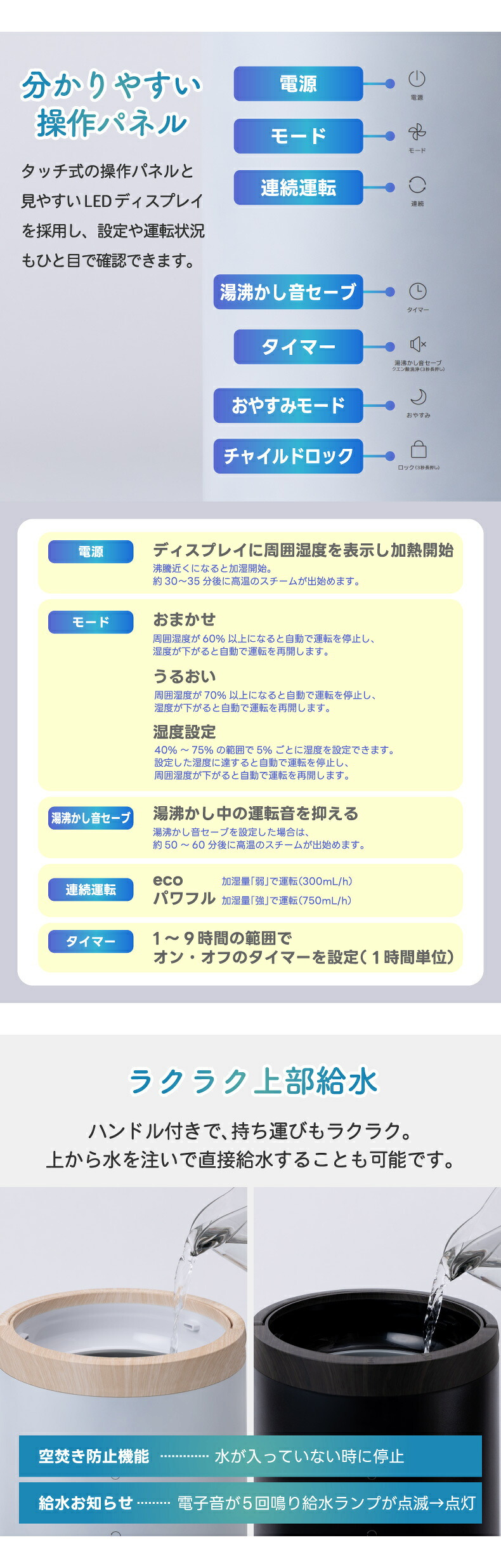 スチーム加湿器 ポット型 加熱式 4L 大容量 上部給水 加湿器 最大19畳 パワフル 750mL/h 清潔 あったかスチーム 省エネ eco タイマー チャイルドロック 湿度設定 お手入れ簡単 リビング 寝室 オフィス 乾燥対策 おしゃれ 北欧 冬物家電 ギフト THREEUP スリーアップ