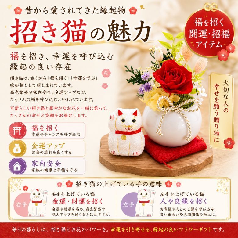 和風招き猫 プリザーブドフラワー ／花 フラワーアレンジメント 置物 招き猫と花の和風アレンジ 開運 縁起物 猫 ねこ ギフト プレゼント 誕生日 母の日 敬老の日 お祝い インテリア　ちりめん細工 新築祝い 開店祝い 金運 長寿