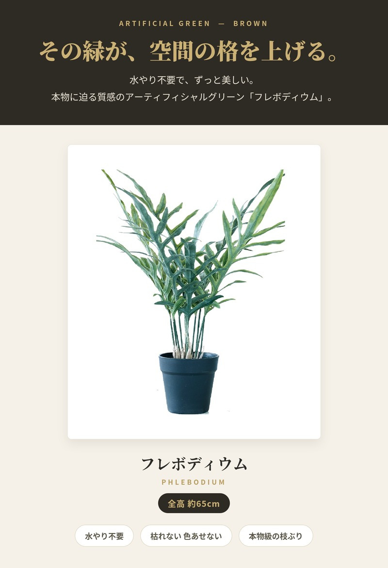 観葉植物 造花 フレボディウム BROWN 全高約65cm 卓上・小型 フェイクグリーン 本物そっくり おしゃれ インテリア 人工観葉植物 アーティフィシャルグリーン オフィス 店舗 ホテル 開店祝い 室内 ミニ ブルースター シダ フェイク
