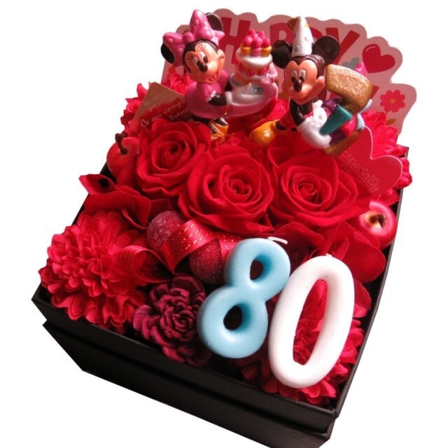 【翌日届け 還暦祝い 60歳 赤バラ】ミッキー ミニー 花束風 数字60入り ご希望数字入りプレゼント 箱を開けてサプライズ 赤バラ プリザーブドフラワー入り