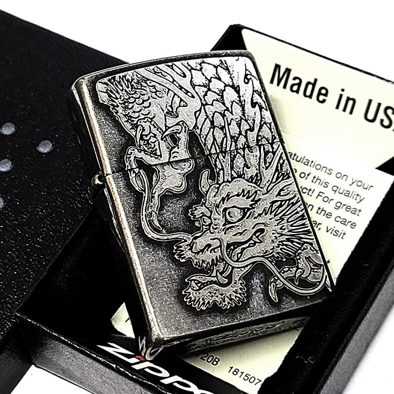 ZIPPO 守護龍 ライター 龍 大型メタル貼りドラゴン ジッポ クロームイブシバレル 和柄 竜 アンティーシルバー 日本 縁起物 おしゃれ かっこいい 銀 メンズ 渋い ギフト 龍彫刻 プレゼント