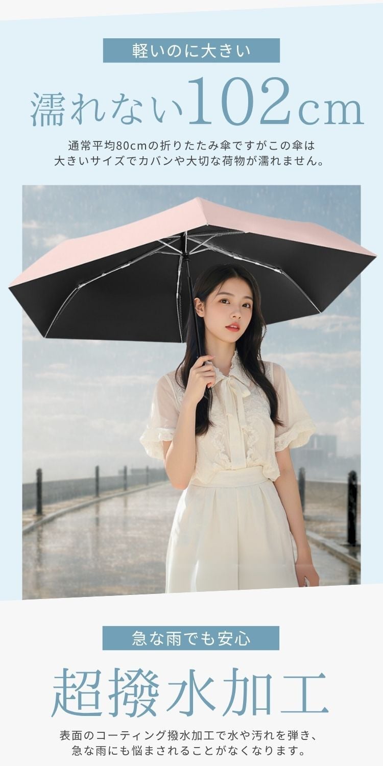 Prv★雑誌掲載★10%OFF価格3980円→3582円★【 スマホより軽い220g / 体感温度-15℃ 折りたたみ傘 】晴雨兼用 自動開閉 大きい 濡れない 102cm 超撥水加工 ワンタッチ 日傘 uvカット99% UPF50+ 遮光 遮熱 断熱 軽量 コンパクト 丈夫 折り畳み傘 レディース メンズ 収納袋付 傘【送料無料/ラッピング可/即日発送】